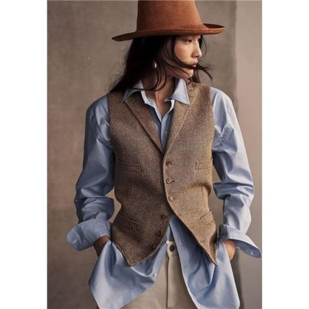 Womens Herringbone Tweed Waistcoat Lapel Sleeveless Blazers V Neck Work Office - Picture 2 of 7